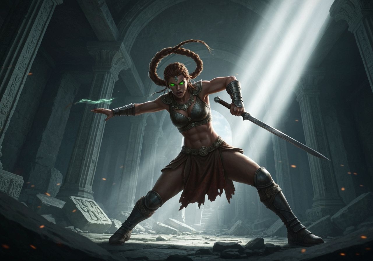 Dynamic Elf Warrior in Abandoned Temple