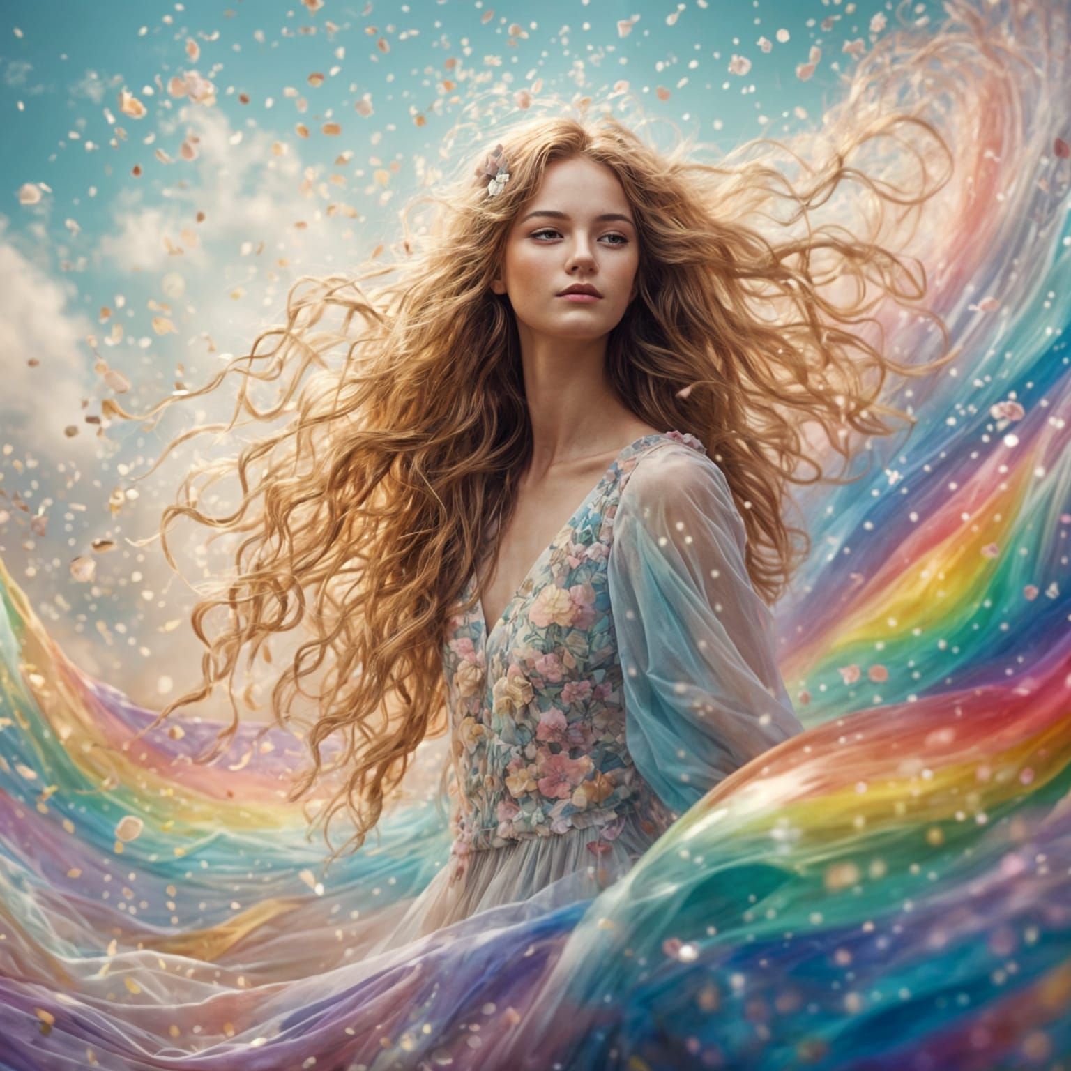 Pastel Rainbow Dream: Slender Girl in Hyperreal Style