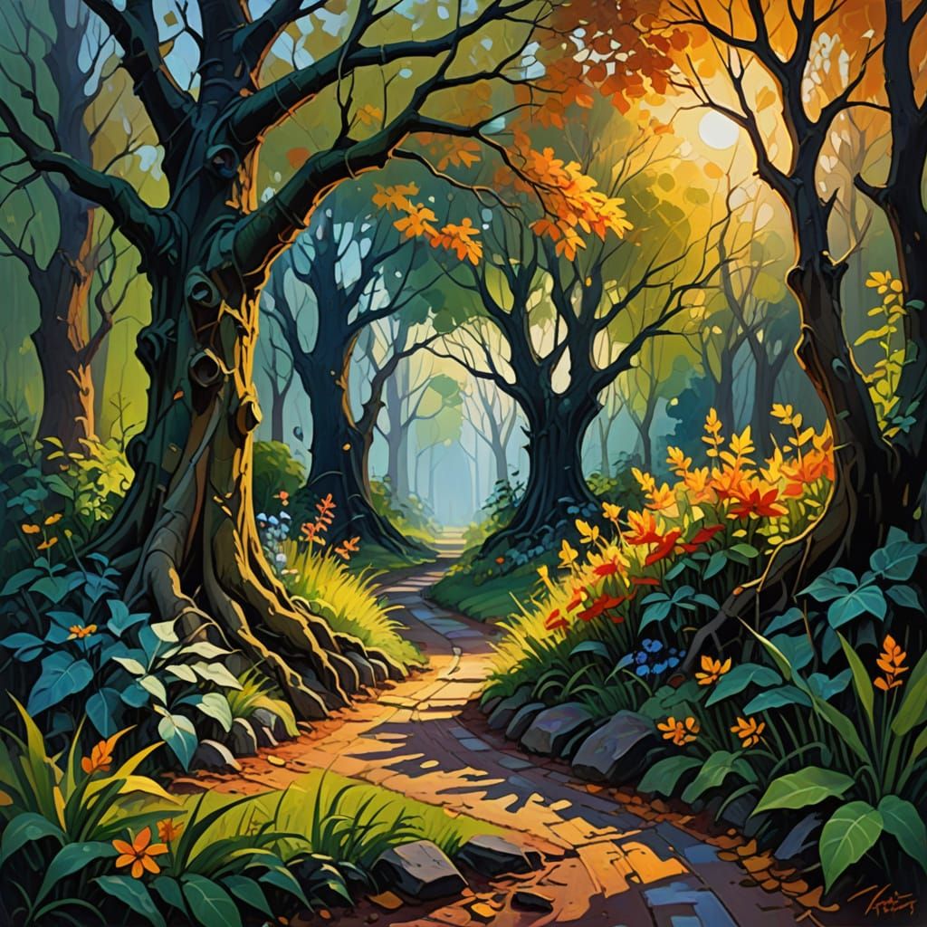 Surreal Secret Garden in Impressionistic Oil Painting