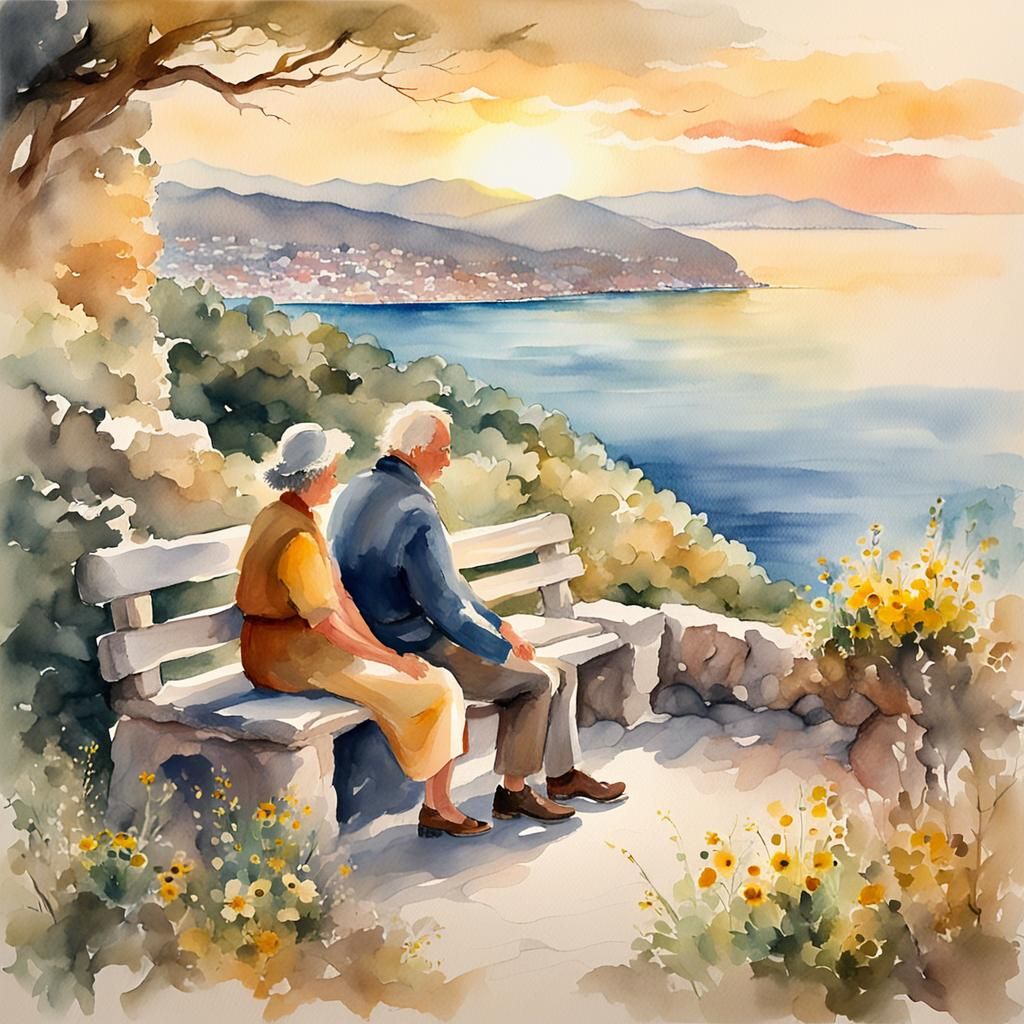 Aegean Sunset: Impressionistic Watercolor of Couple