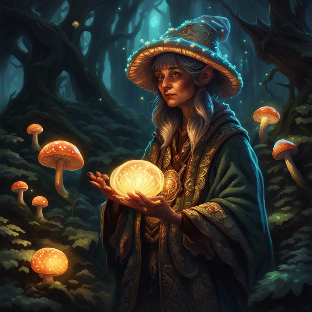 Magical Dwarf Woman with Mushroom Cap in Dark Fantasy Style