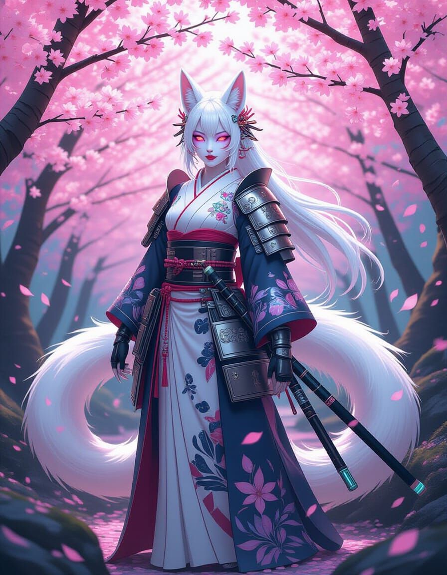 Cyberpunk Kitsune in Cherry Blossom Grove