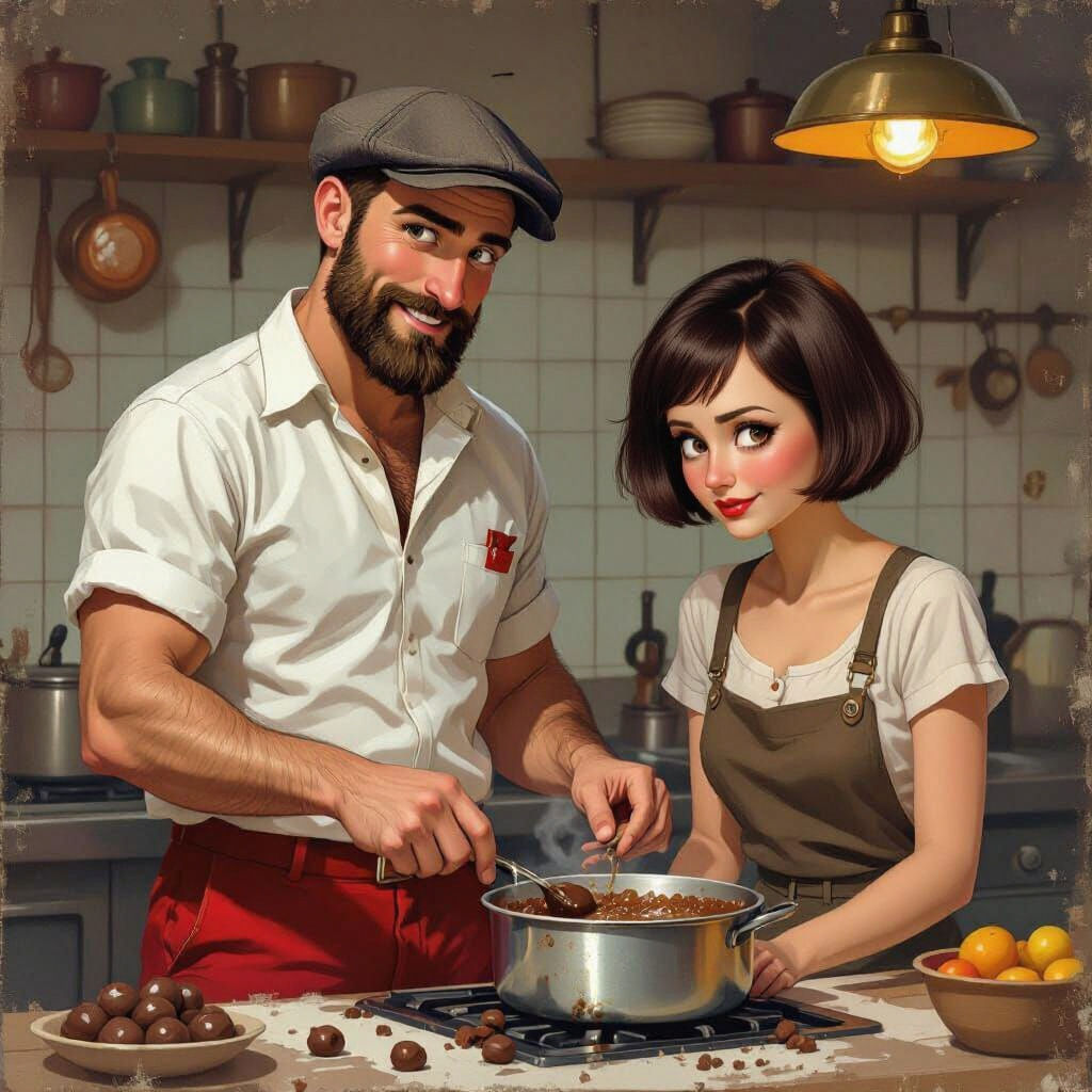 Man Cooking Bonbons in Whimsical Digital Painting Style