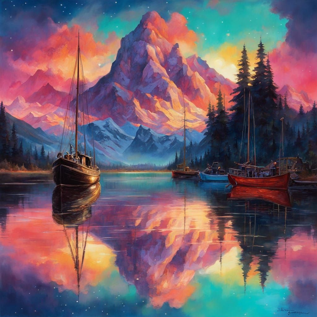 Dreamlike Aurora Mountains in Vibrant, Hyper-Detailed Oil Pa...