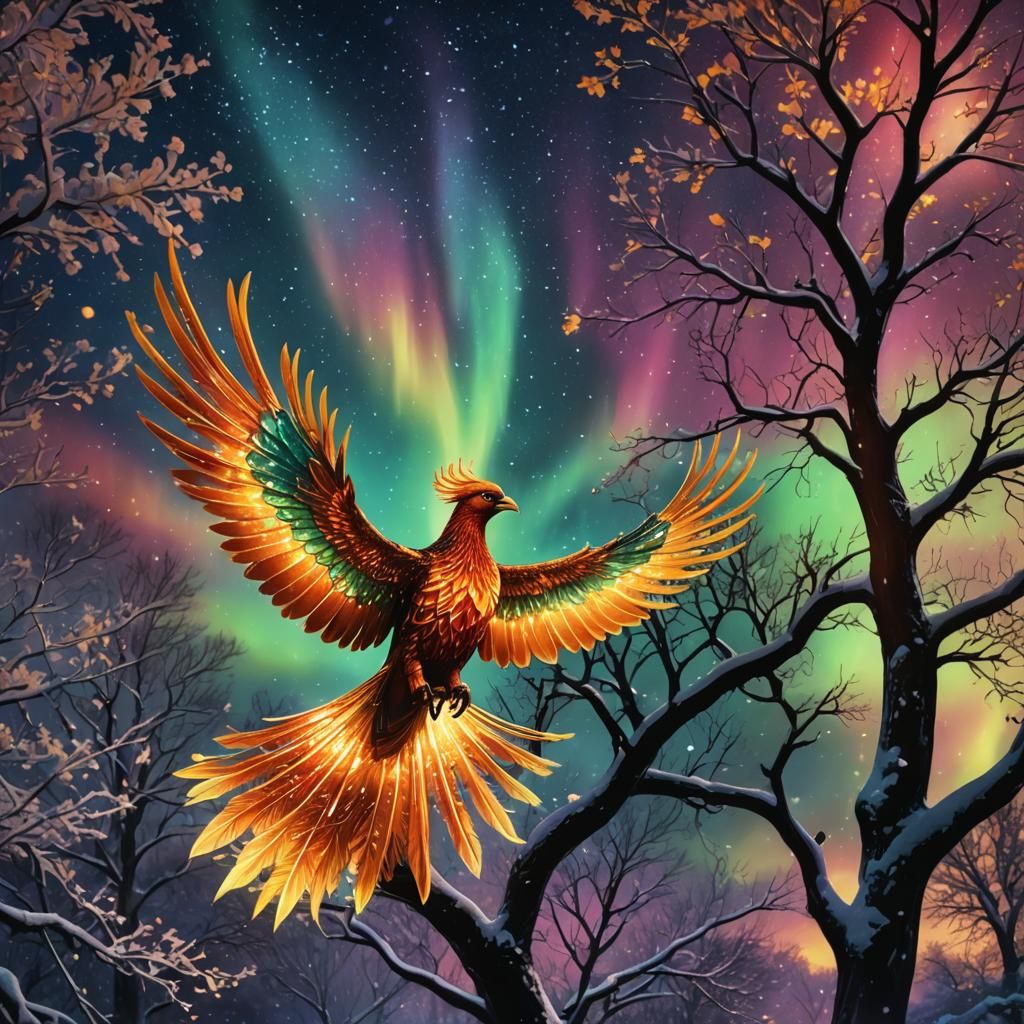 Phoenix in Flight Under Aurora, Digital Matte Painting
