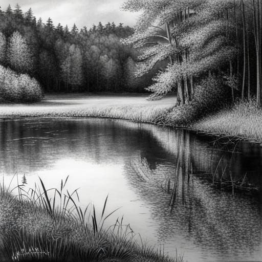 Heart Pond: Hyperdetailed Charcoal Drawing