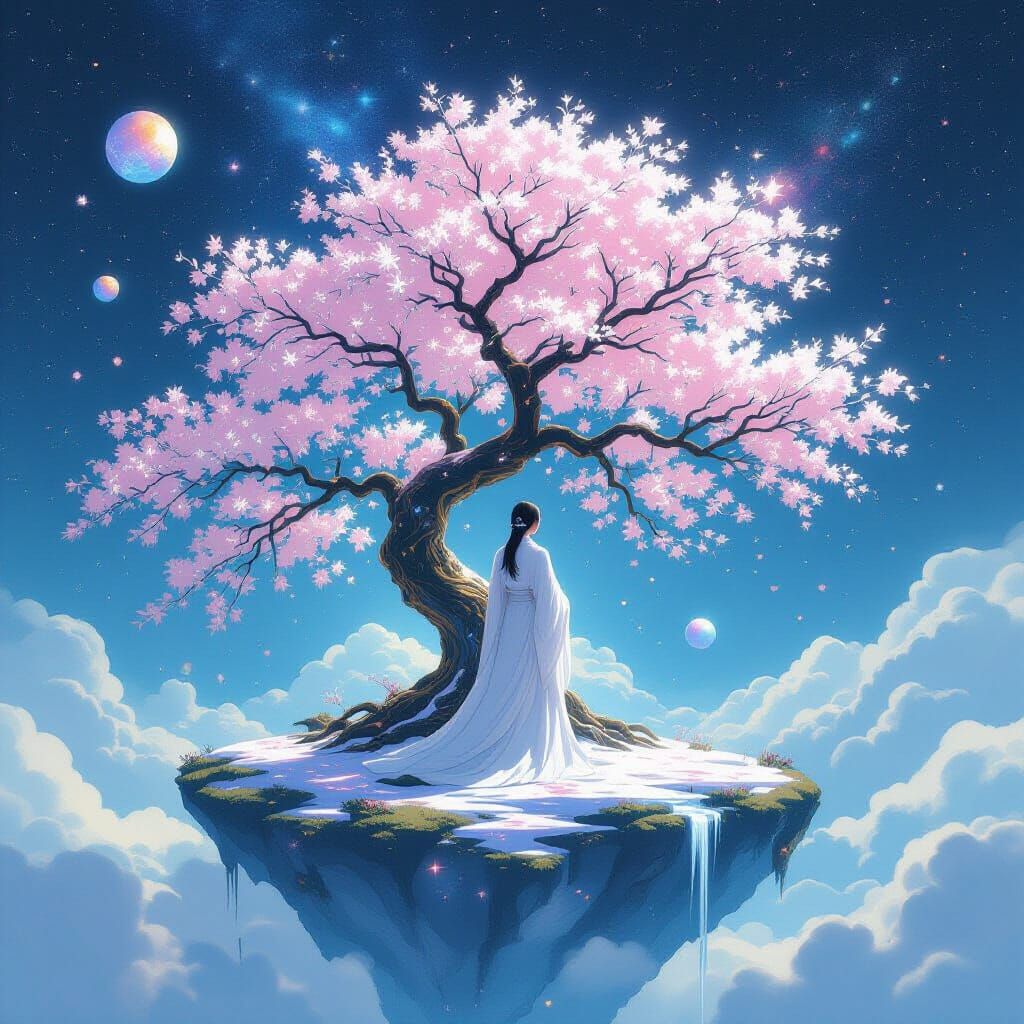 Cosmic Sakura Tree on Floating Island in Space