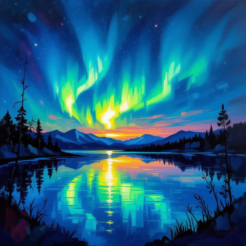 Aurora Borealis Reflected: A Neo-Impressionist Landscape
