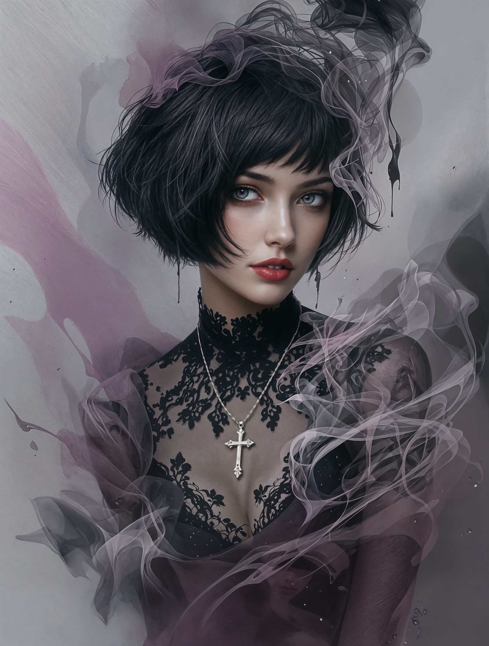 Surreal Portrait of a Serene Woman in a Smoky, Abstract Land...