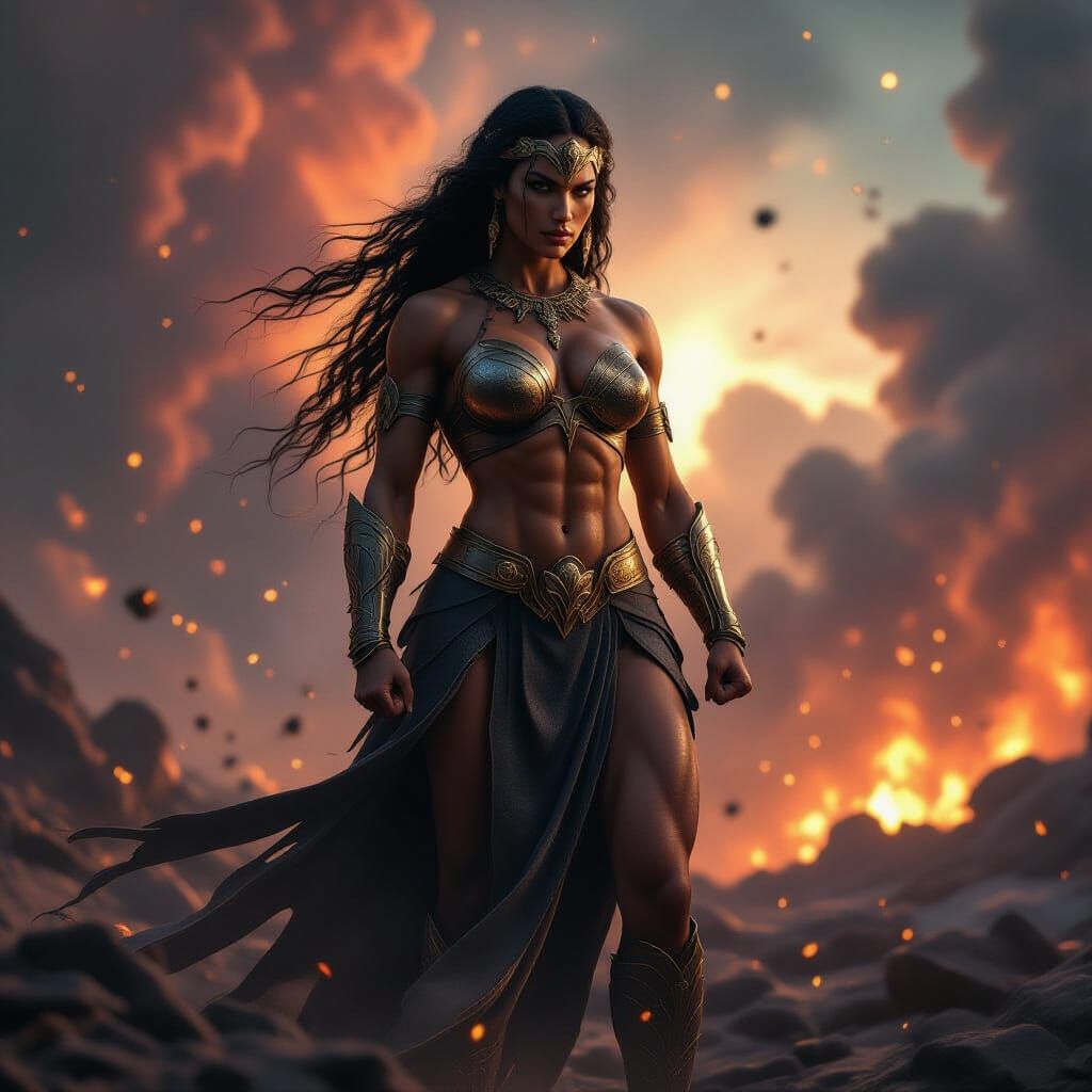 Amazonian Warrior Woman Amidst Cosmic Destruction