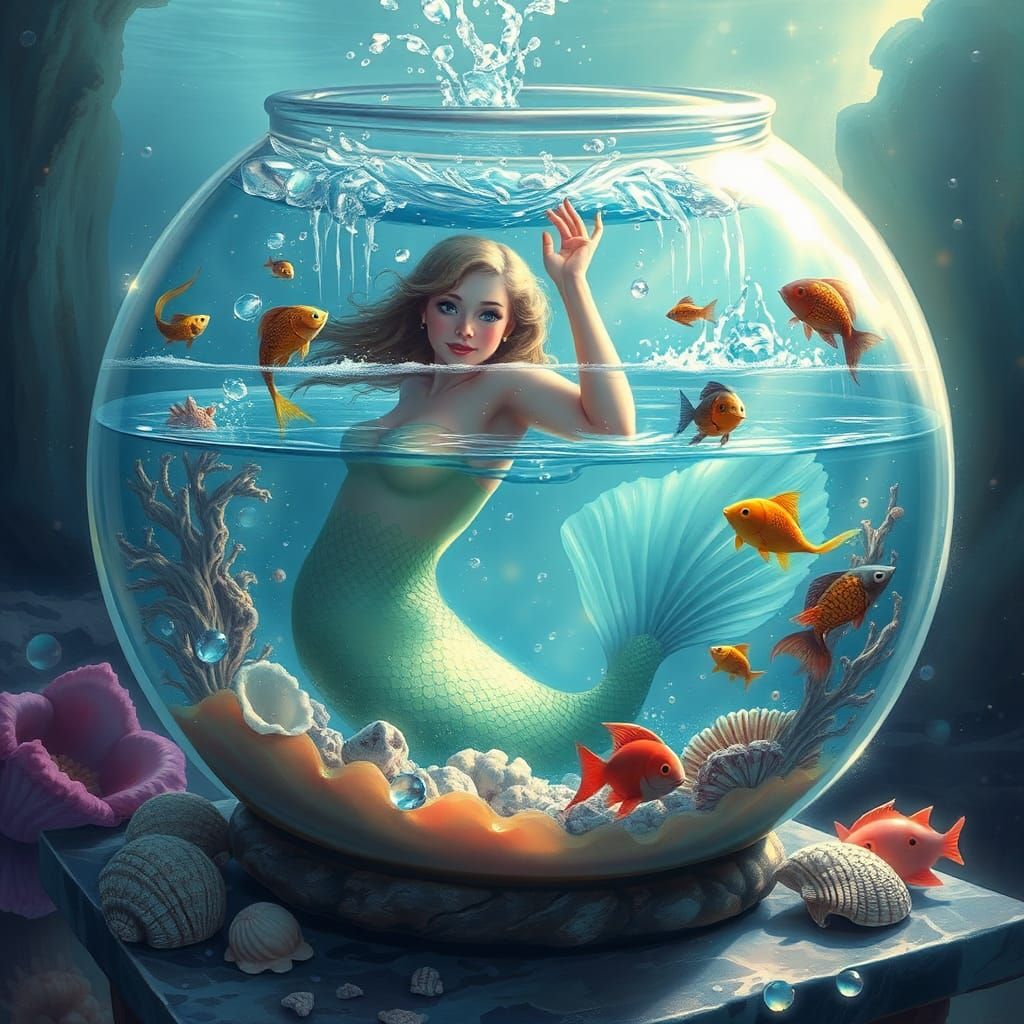 Mermaid Bathing in Magical Fishbowl, Ethereal Fantasy