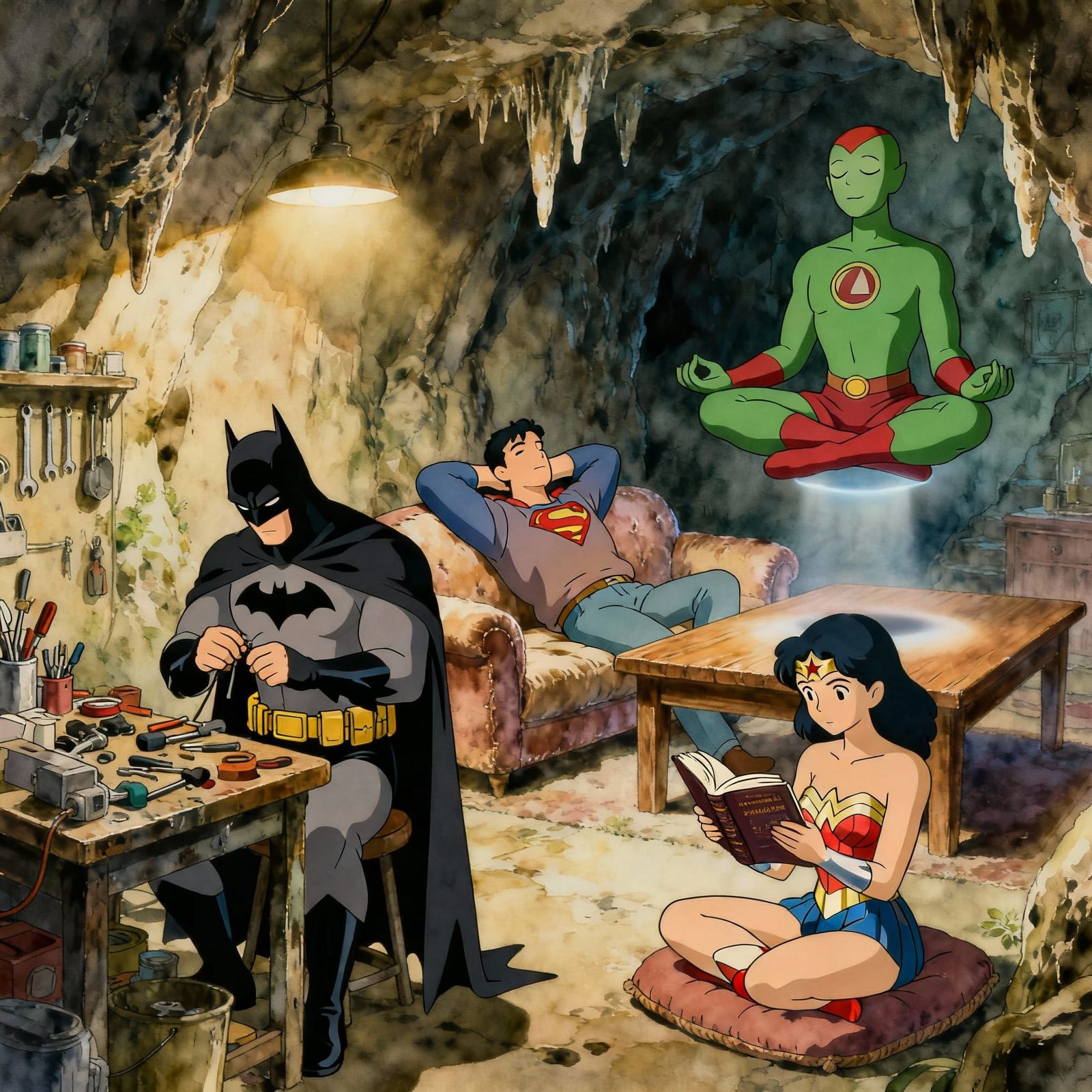 Justice League Off Day in Batcave, Miyazaki Inspired