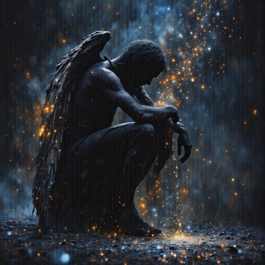 Fallen Black Angel in Dark Mosaic Landscape