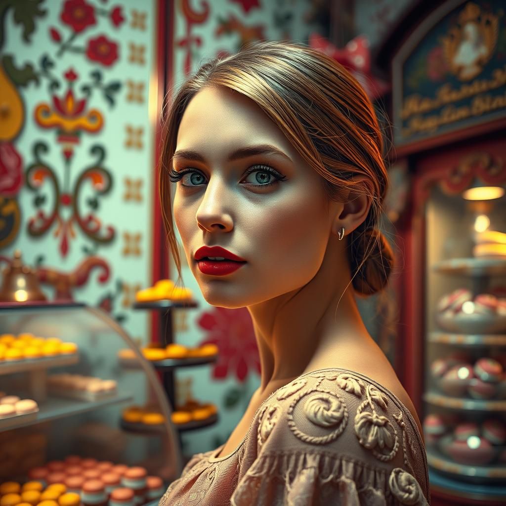 Elegant Russian Woman in Ornate Confectionery Store