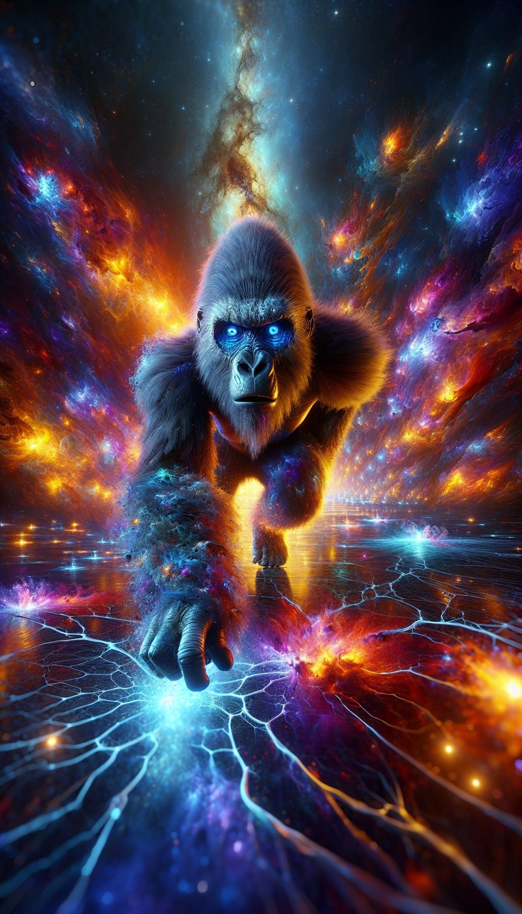 Photorealistic Gorilla Stalking Amid Galaxy Explosions