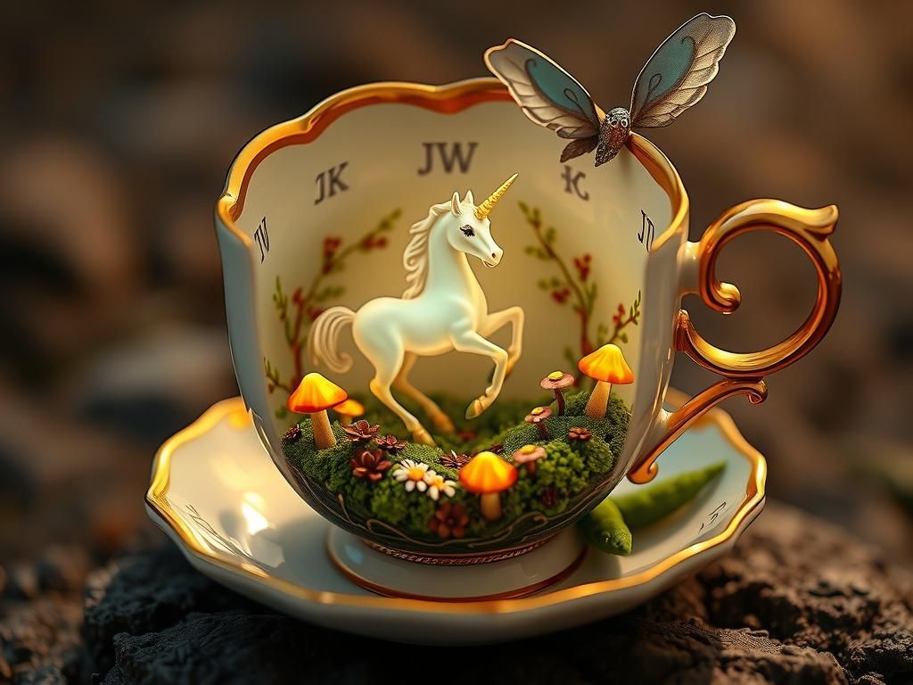 Enameled Glass Teacup Figurine with Miniature Forest