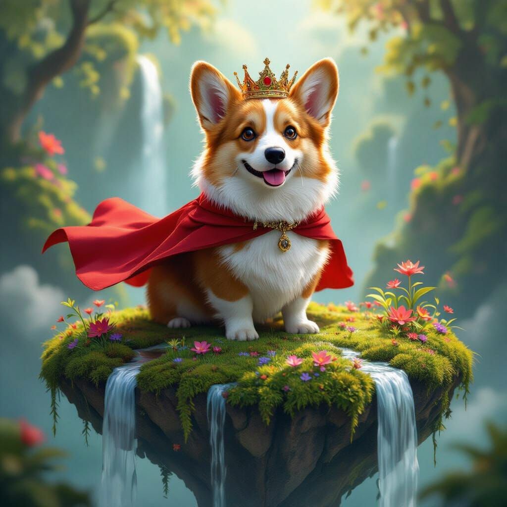 Regal Corgi on Floating Island in Bioluminescent Fantasy Lan...