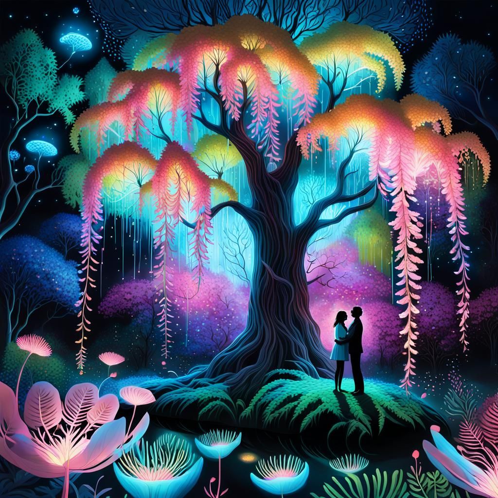 Embrace Under Bioluminescent Tree in Fantasy Gouache Art