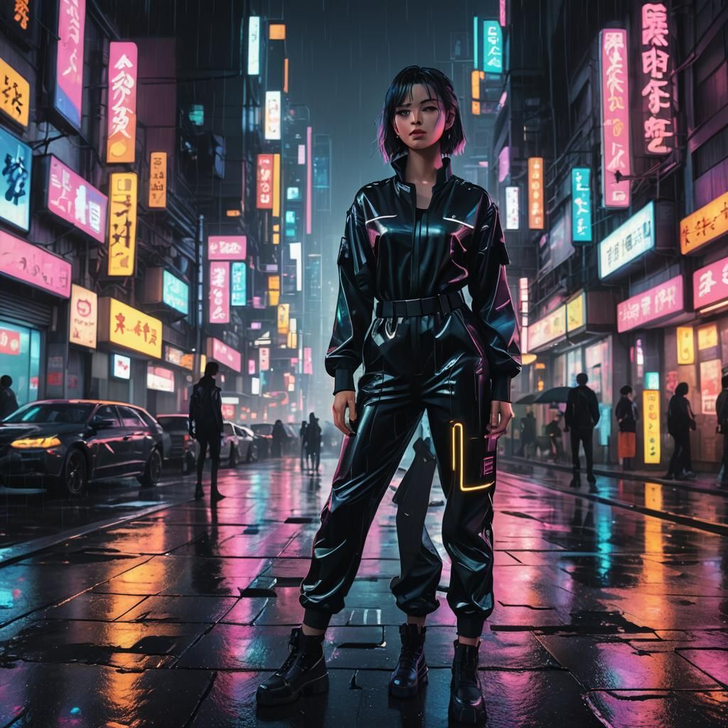 Cyberpunk Manga Woman in Neon Cityscape