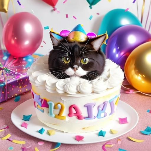 Cats Celebrate with Party Hats, Cakes and Gifts