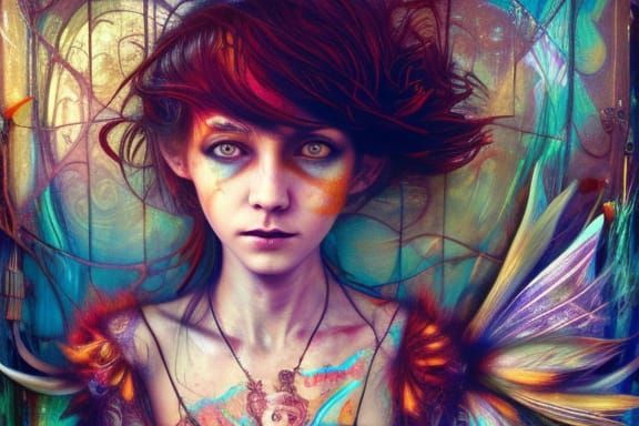 Fairy Beggar in Cardboard Box: Detailed Gouache Illustration