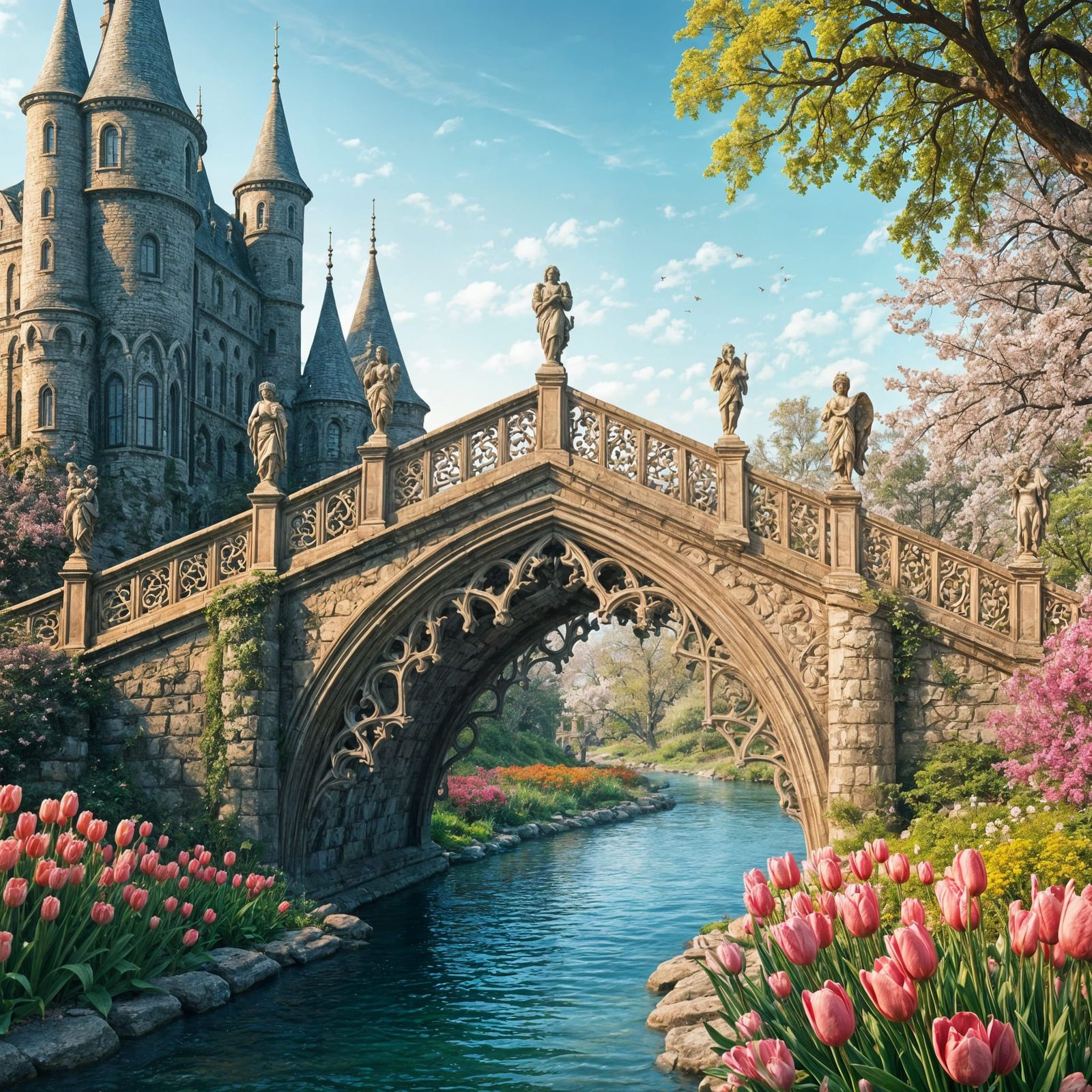 Ornate Stone Bridge with Angel Statues in Vibrant Spring Fan...