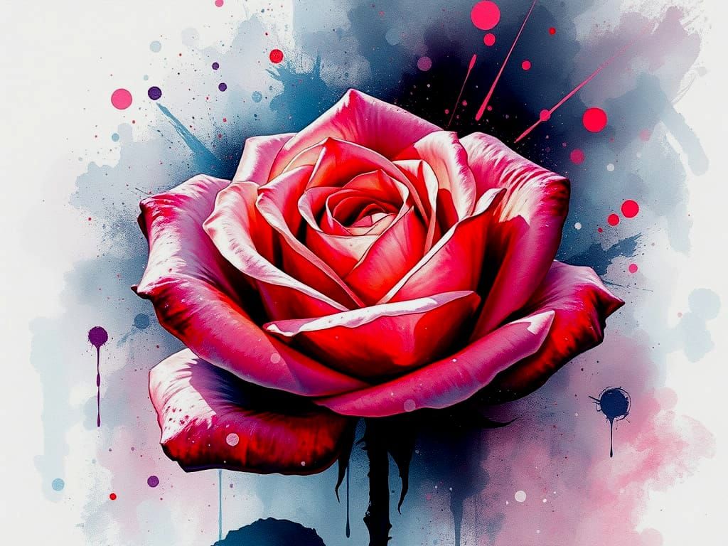 Vibrant Watercolor Rose in Stunning Ink Splatter Art