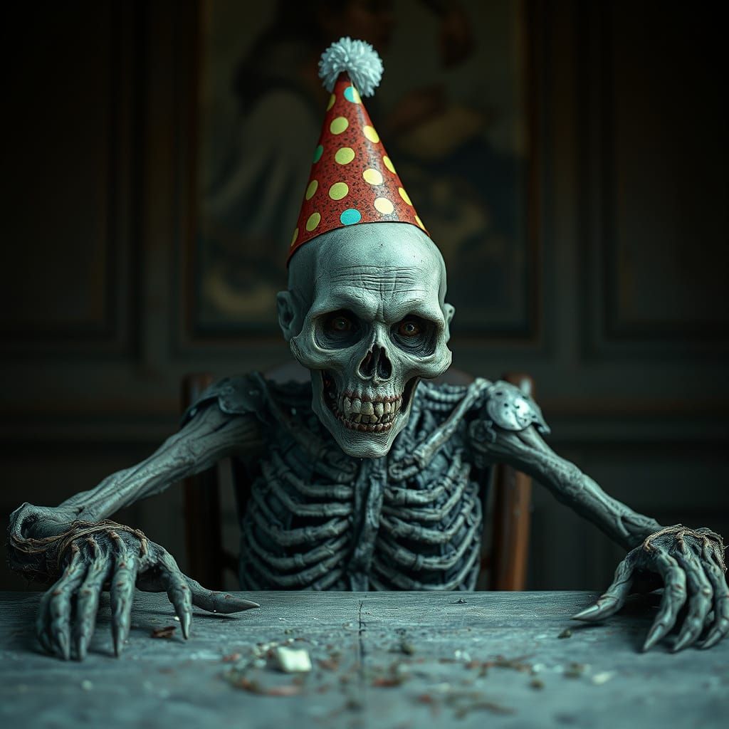 Rotting Corpse at Ancient Table: Cinematic Masterpiece