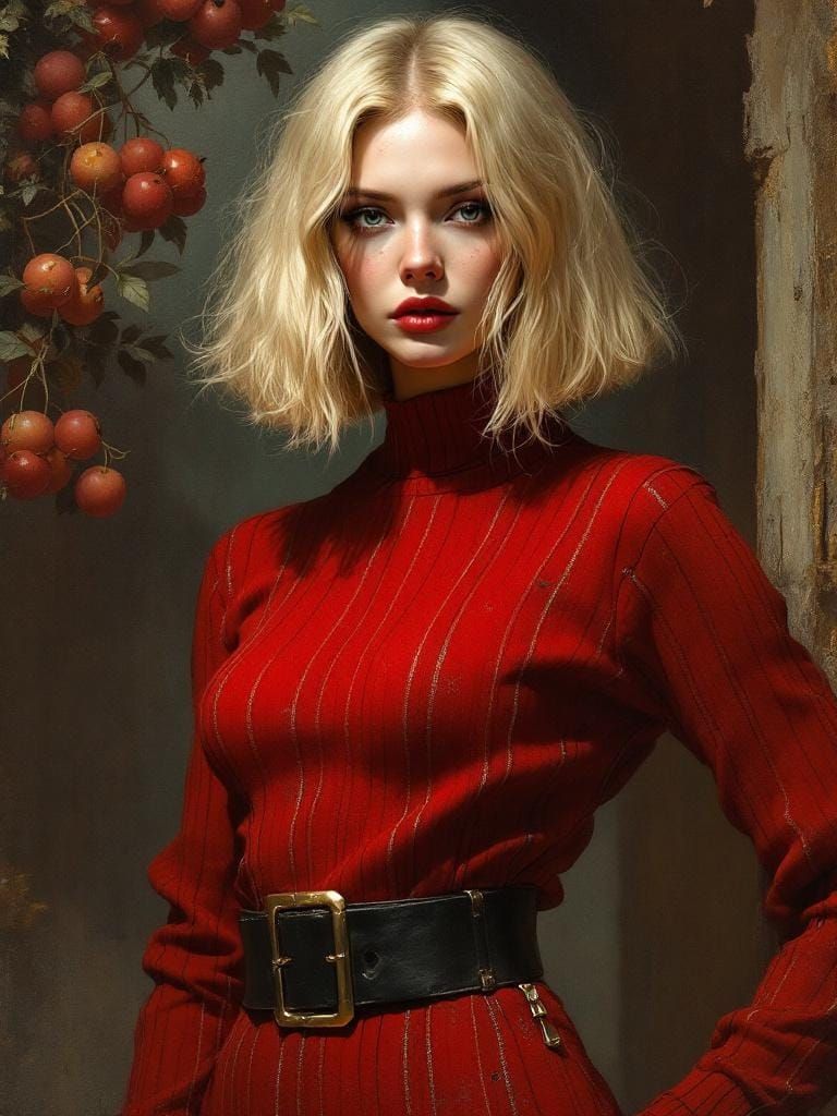 Pin-Up Woman with Blond Hair and Red Sweater