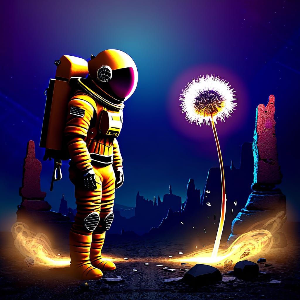 Astronaut Amidst Ancient Ruins, Holding a Shimmering Dandeli...