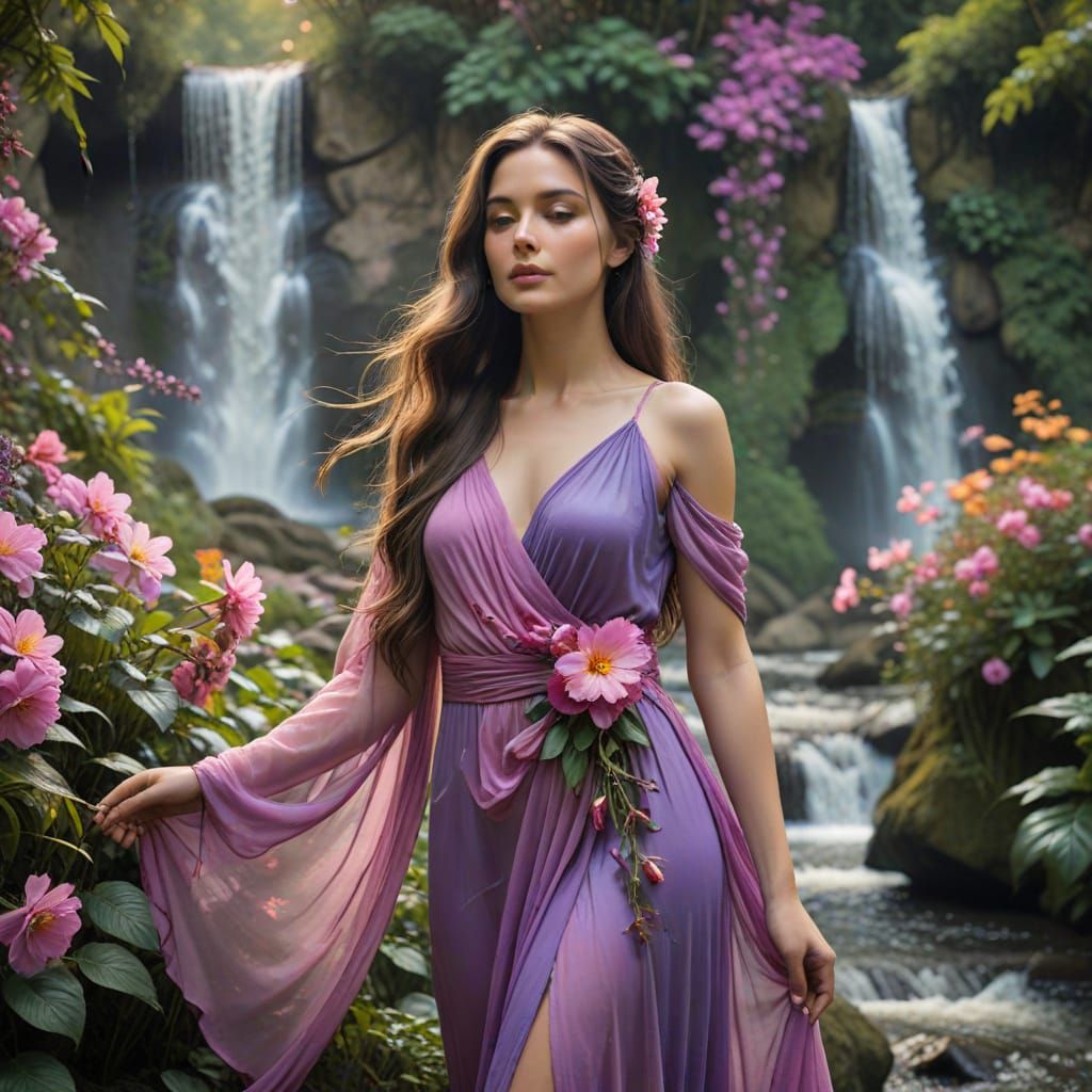 Woman with Flowers and Waterfall