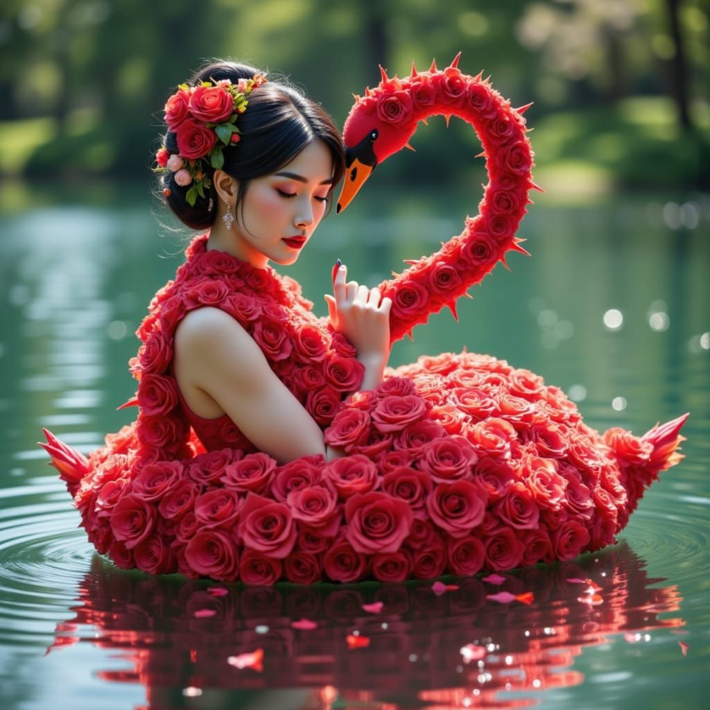 Ethereal Rose Maiden Embraces Swan Sculpture