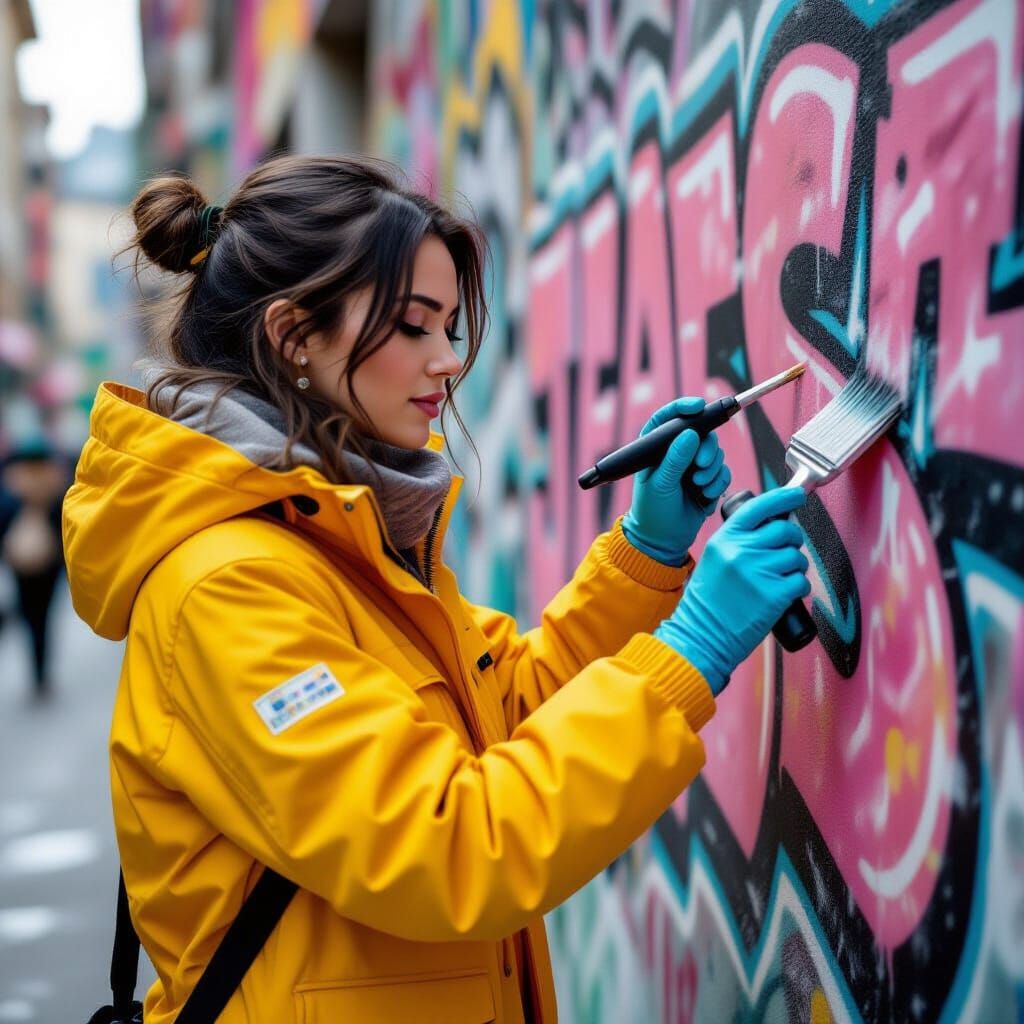 Woman Cleans Graffiti in Futuristic Style