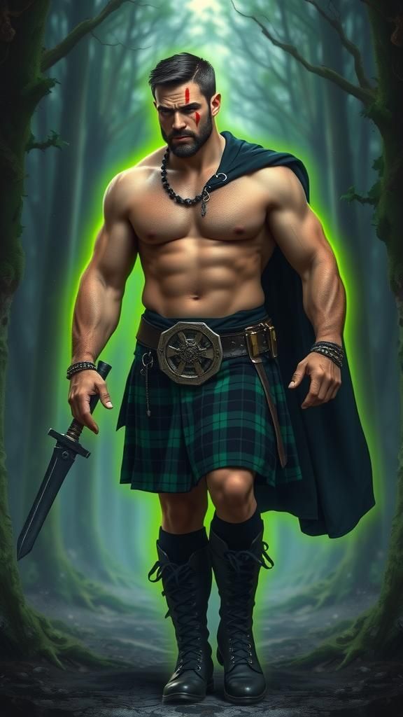 Brawny Man with Green Aura in Fantasy Forest