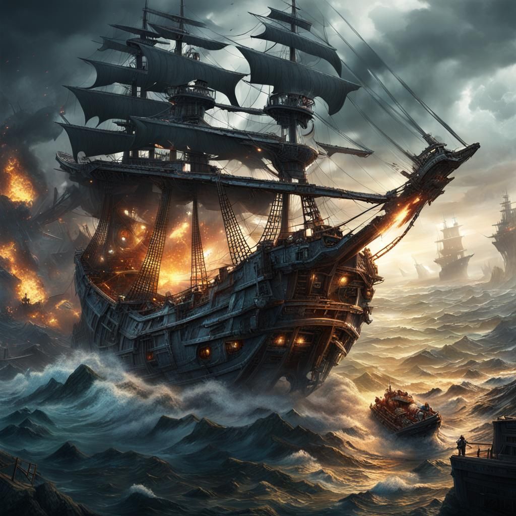 Futuristic Pirate Ship Battle in Detailed Matte Painting