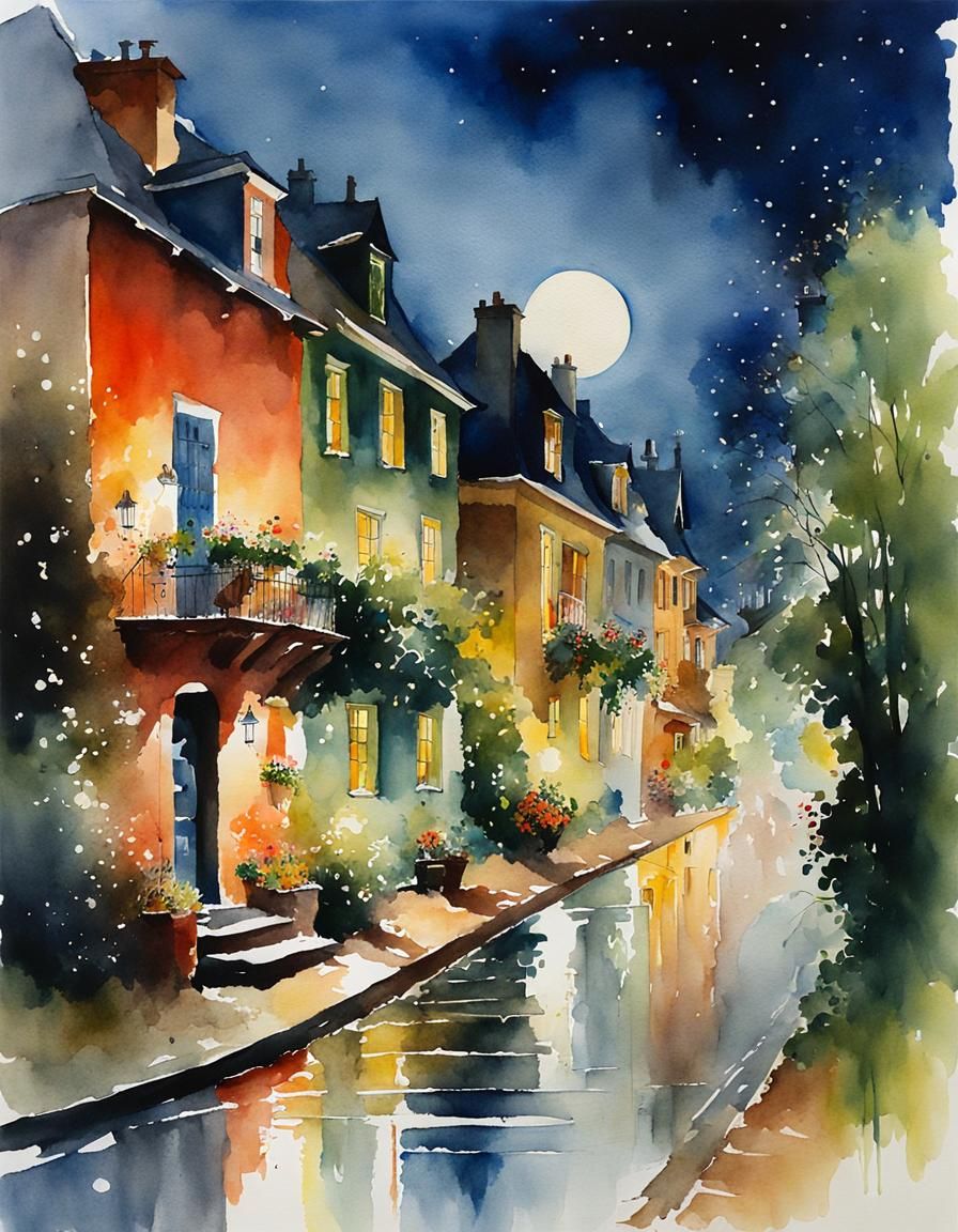 Dreamlike Suburban Nightscape Watercolor Painting
