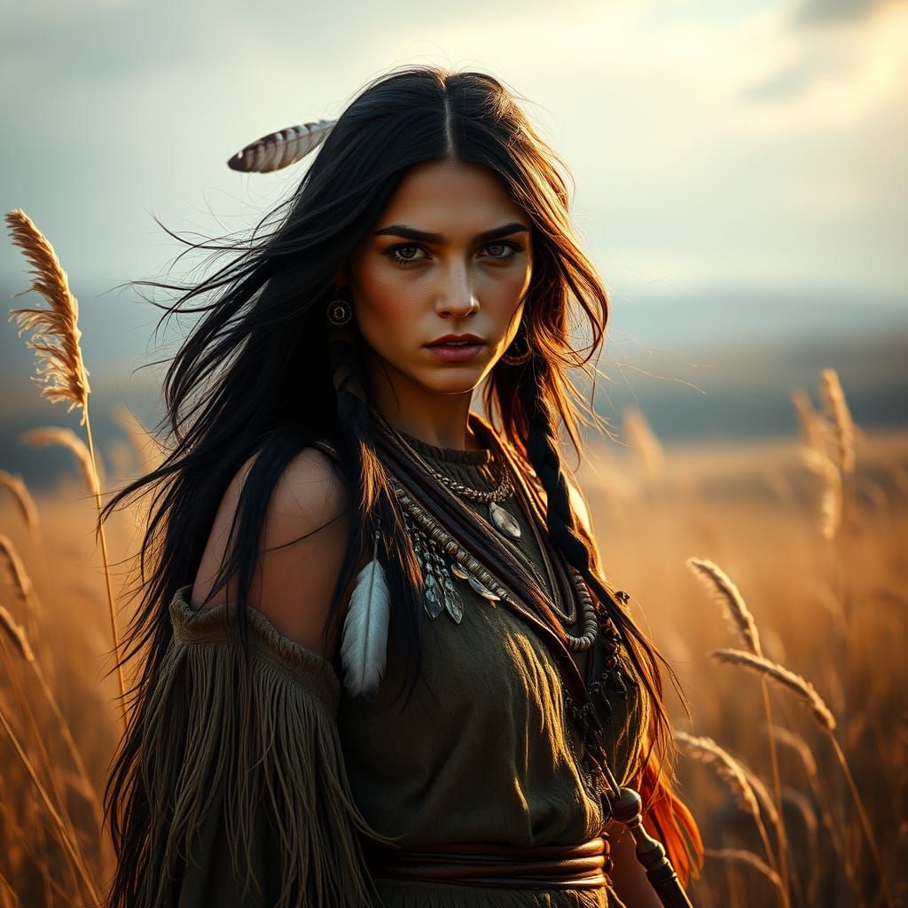 Majestic Cherokee Warrior Woman Amidst the Wild West Plains