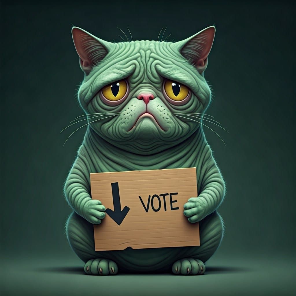 Deformed Green Cat Expresses Sadness with Sign