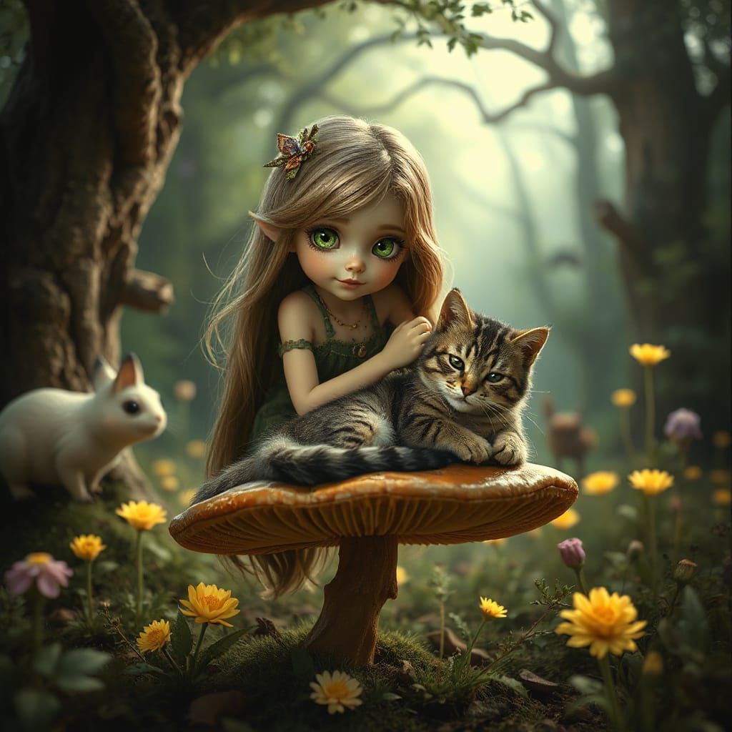 Whimsical Elven Girl in Enchanted Forest Scene