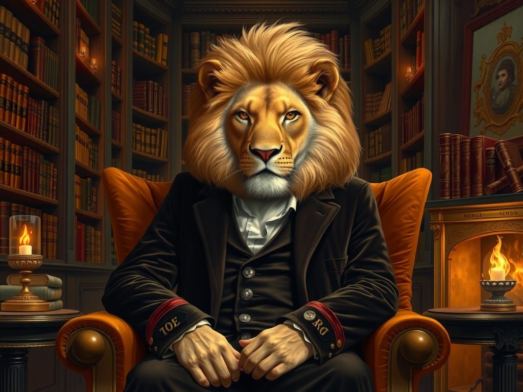 Regal Lion in Velvet Smoking Jacket, Classical Portraiture