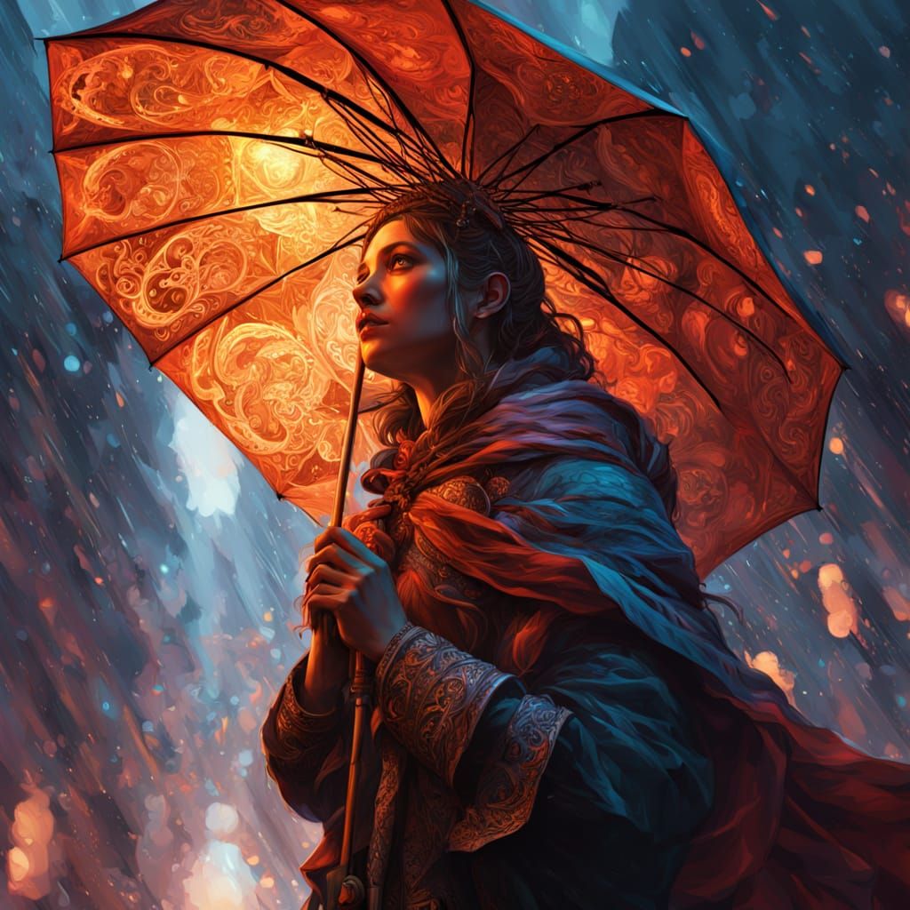 Fiery Woman With Diamond Rain Umbrella in Fantasy Art