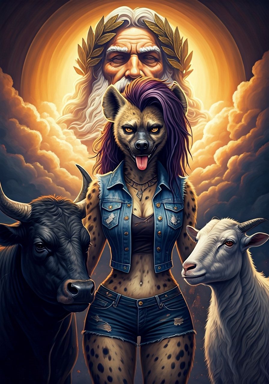 Zeus and Anthropomorphic Hyena in Mythic Acrylic Painting