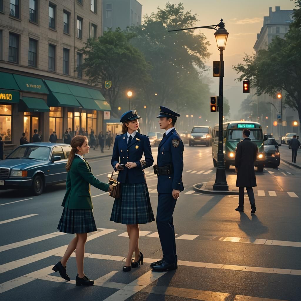 Romantic Encounter: Policeman Helps Schoolgirl Cross Street