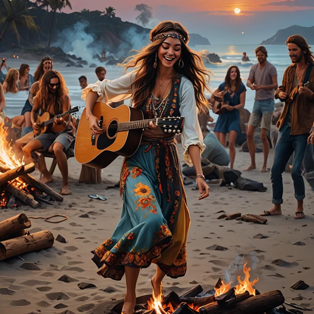 Hippie Beach Party at Nightfall: Acrylic Painting