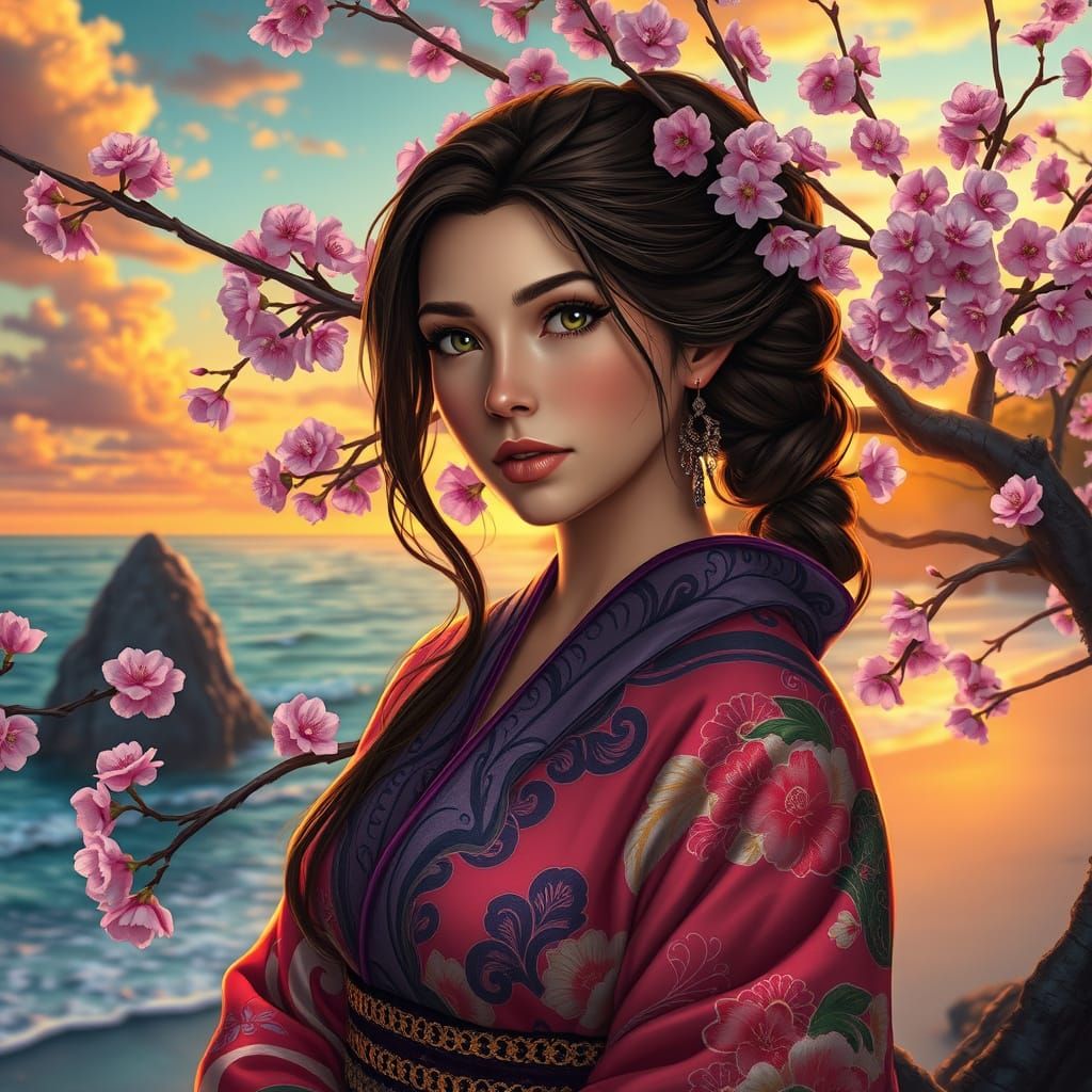 Helga Sinclair Portrait on Sunset Beach with Cherry Blossoms