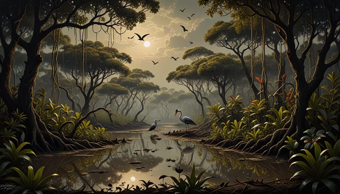 Entangled Bank: Tonalist Painting with Chiaroscuro Lighting