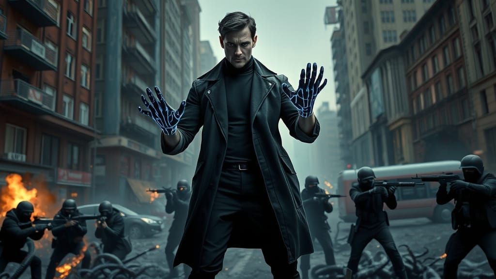 Cyberpunk Villain Dominates Ruined Cityscape in Vivid Blue G...