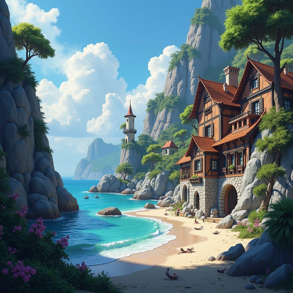 Detailed Coastal Village Matte Painting in Deep Color