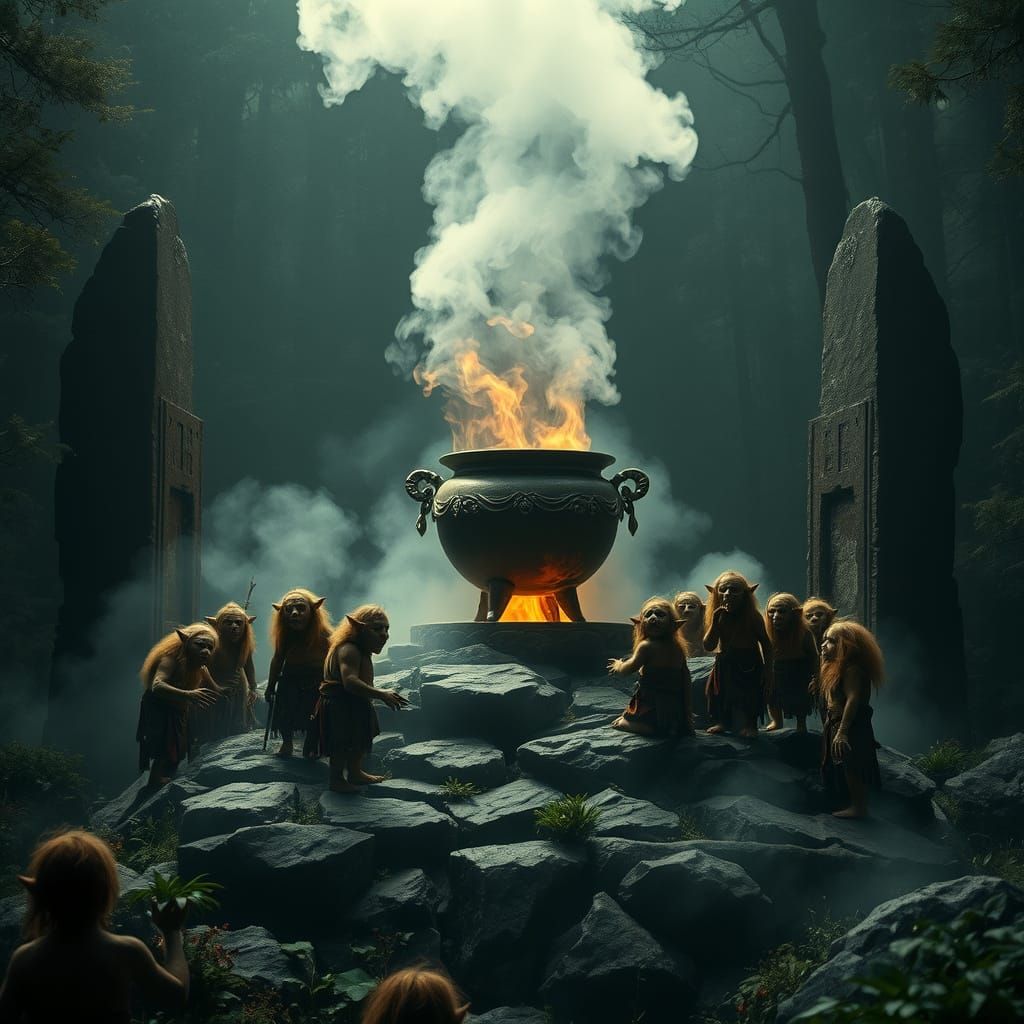 Mystical Goblins Gather in Ancient Forest Scene