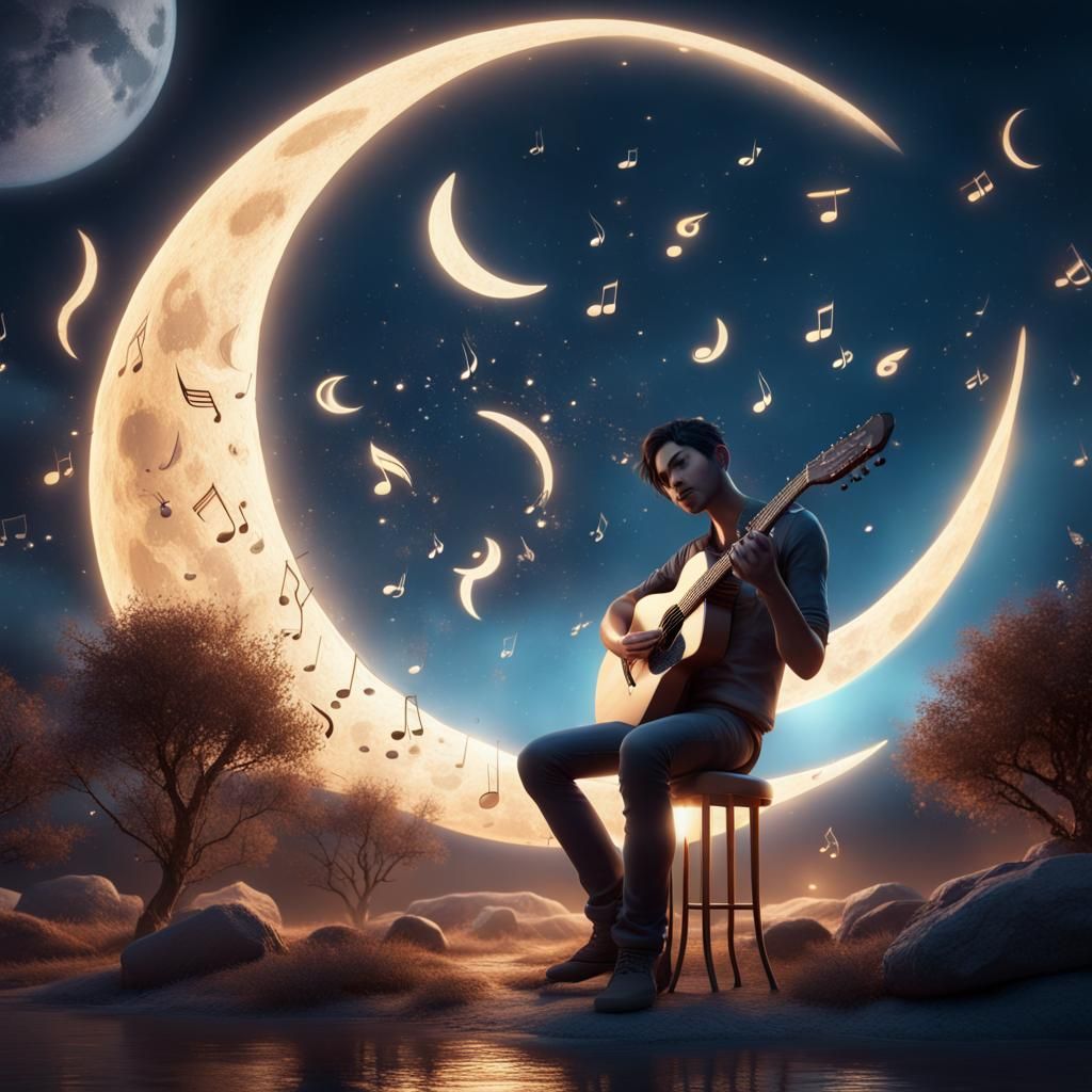 Dreamy Moon Guitar Serenade in Fantasy Art Style